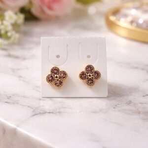 Gold Floral Stud Earrings with Pink Gem Accents